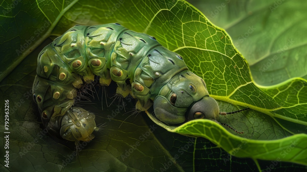Poster a beetle larvae nestled snugly within the folds of a leaf, undergoing metamorphosis