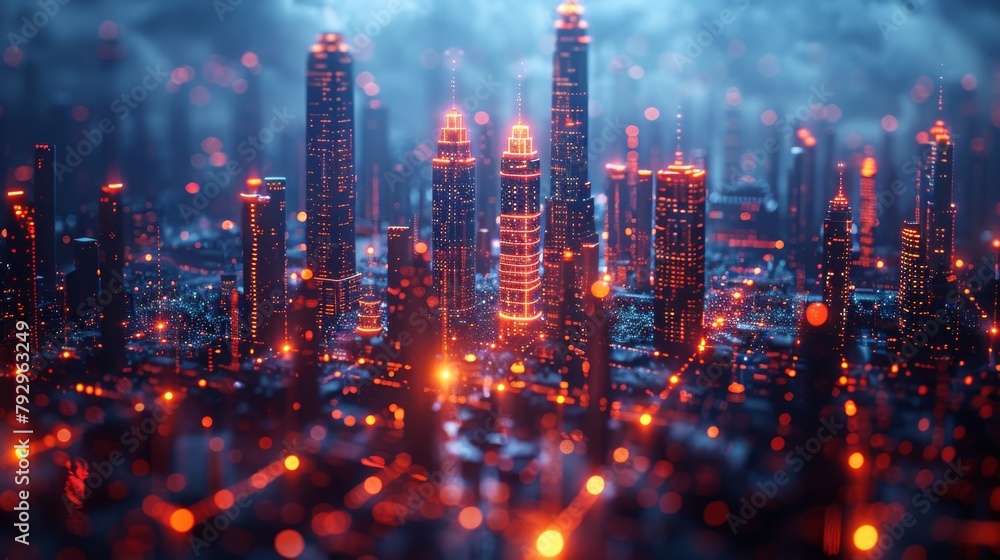 Fototapete Graph of hologram city with futuristic internet of things interface for data visualization in smart cities