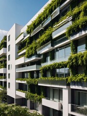 Modern white apartment complex complemented by vibrant green plant walls. Symbolizing a commitment to eco-conscious living and urban sustainability.