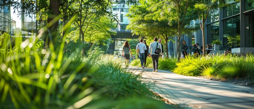 Lush green business campuses with employees interacting outdoors