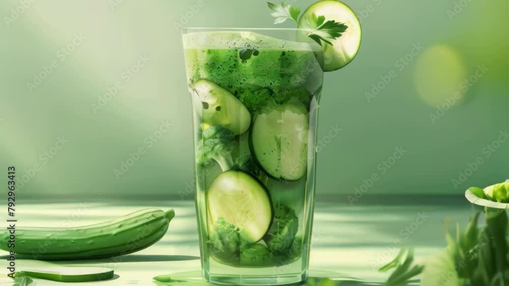 Poster a glass of cucumber juice with a cucumber slice on top