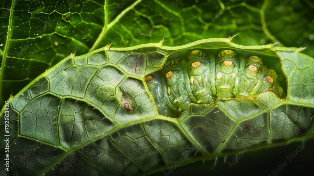 Poster a beetle larvae nestled snugly within the folds of a leaf, undergoing metamorphosis