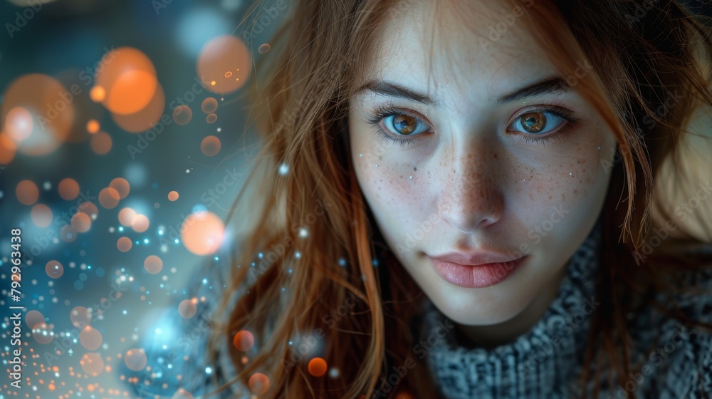 Aufkleber image depicting a futuristic girl using a mobile application to shop online