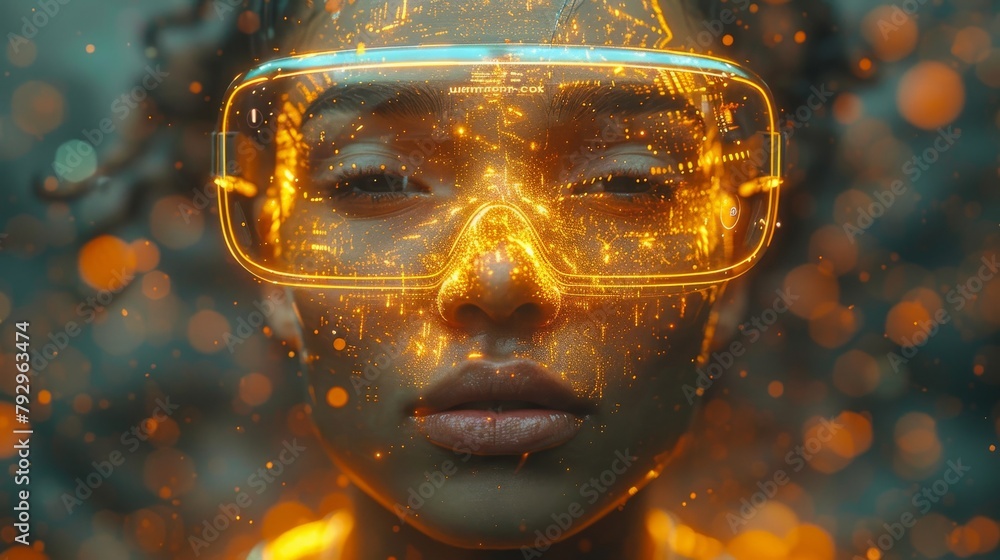 Leinwandbilder Concept of virtual reality technology with point of view from the user in the Metaverse, futuristic character with VR glasses interface
