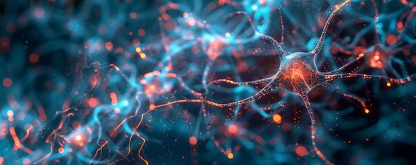 Digital representations of human brain cells link and learn from vast libraries of large data, appearing as cybernetic and glowing AI.