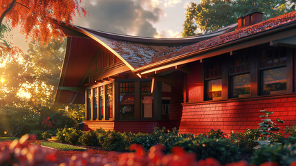 Pre-sunset angle of a fiery red craftsman cottage with a dramatic concave roof, the sun beginning its descent and casting a fiery glow 