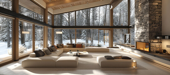 A large living room with floortoceiling windows, wooden floors and stone fireplace in the center of an old pine forest during winter, modern furniture. Created with Ai - obrazy, fototapety, plakaty