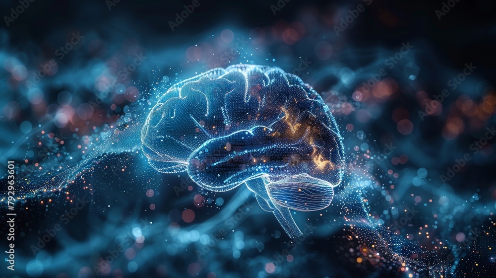 Poster the concept of medical neurology or brain analysis represents a graphic of a low polygon brain in a 