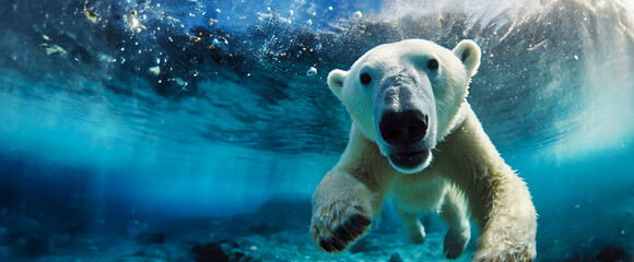 Polar bear swimming underwater in the freezing arctic ocean.