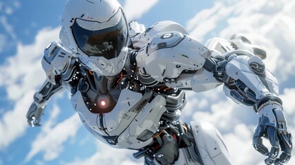 Power and futuristic warfare are evoked by a sleek white humanoid robot fighter in real life.