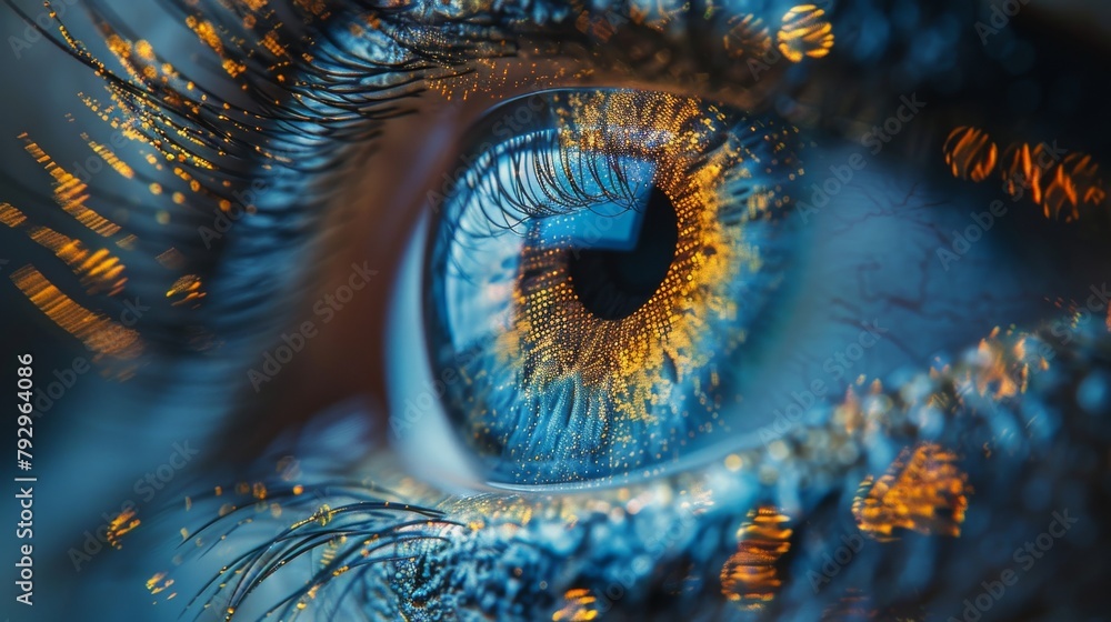 Poster A biometrics technology concept, featuring a graphic of an eyeball combined with a fingerprint pattern and futuristic elements