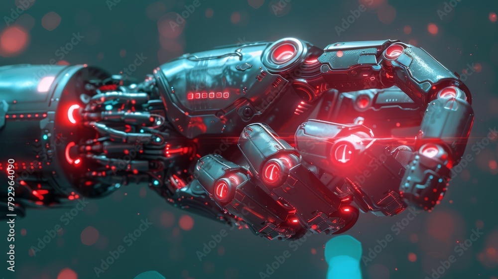 Poster a graphic of a robot hand with a futuristic key illustrates the concept of machine learning of the t