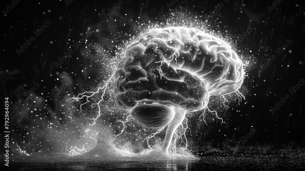 Aufkleber Graphic of brain in front view with lightning effect, representing brain power or neurology