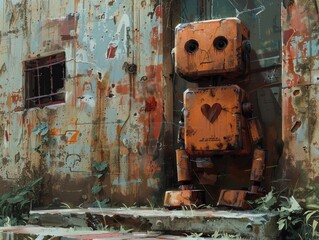 Amidst rusted relics a robot with a vintage heart in a post apocalyptic setting