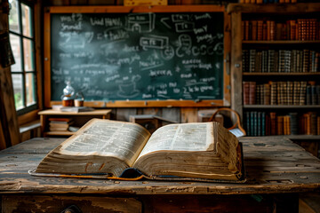 A large open book sits on a wooden desk in front of a chalkboard