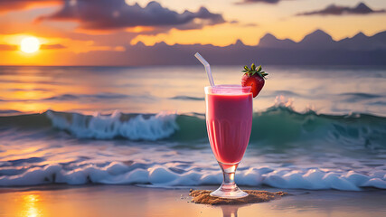 strawberry smoothie in a sunset  Hawaiian north beach