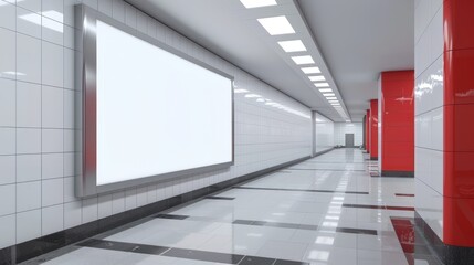 Empty corridor with blank billboard and red wall. Mock up for your design - Powered by Adobe