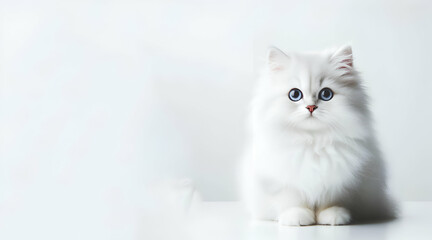 A white cat with green eyes and a white nose with white isolated background, generative ai