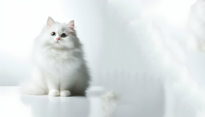 A white cat with green eyes and a white nose with white isolated background, generative ai