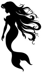 silhouette of a mermaid with long flowing hair isolated 