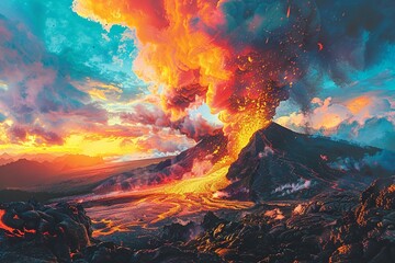 Experience the awe-inspiring sight of an erupting volcano captured from a safe distance, showcasing nature's raw power and the destructive beauty of its forces in action - obrazy, fototapety, plakaty