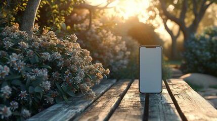 A mockup of a blank smartphone screen placed on a rustic wooden bench. AI generate illustration