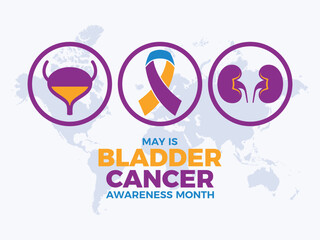 May is Bladder Cancer Awareness Month poster vector illustration. Yellow, purple and blue cancer awareness ribbon symbol. Urinary bladder and kidney icon set. Template for background, banner, card