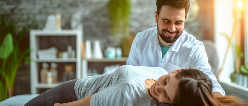 Man doctor chiropractor or osteopath fixing lying woman back in manual therapy clinic