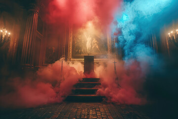 A cinematic photograph of an ethereal red and blue smoke plume rising from the ground in front of columns inside classical architecture. Created with Ai