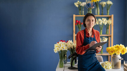 Portrait of young latin woman florist smiling confident standing at flower shop.