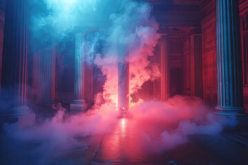  A photo of an atmospheric scene with smoke billowing from the ground, creating an ethereal and mysterious atmosphere in front of classical columns. Created with Ai