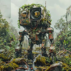 A post apocalyptic scene with a mechanical survivor constructed from obsolete electronics