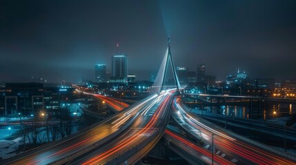 A city bridge aglow with the lights of passing cars traveling across it at night