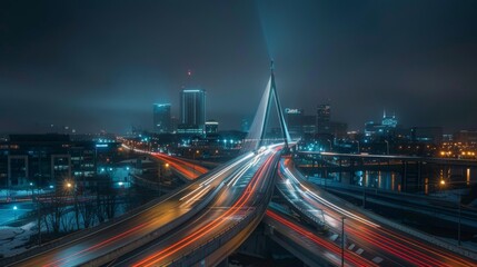 Fototapeta premium A city bridge aglow with the lights of passing cars traveling across it at night