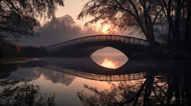 Sunrise in the park with a bridge and reflection in the water