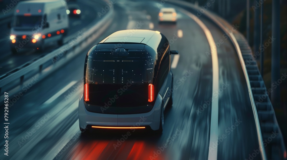 Aufkleber Aerial Drone following a futuristic 3D concept car. An autonomous self-driving van moves along a highway in front of visual AI sensors that scan the road ahead for speed limits, vehicles, and