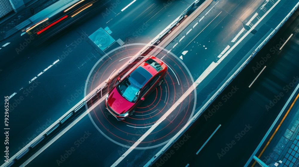 Aufkleber This Aerial Top Down Drone View shows an autonomous self-driving car moving through a city highway. The visualization uses high-tech sensors, which scan the road ahead for vehicles and speed limits.