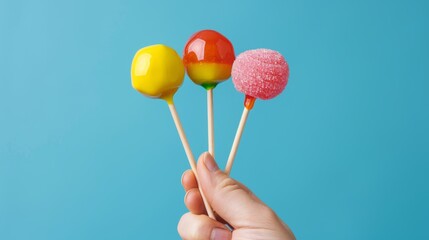 Cheerful and engaging shot of a hand gripping colorful lollipops on sticks, set against a smooth, isolated background for maximum impact, studio lighting
