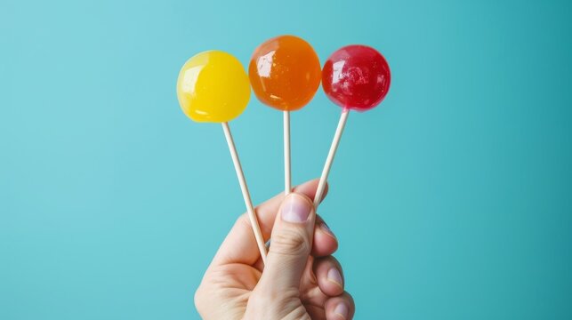 Cheerful and engaging shot of a hand gripping colorful lollipops on sticks, set against a smooth, isolated background for maximum impact, studio lighting