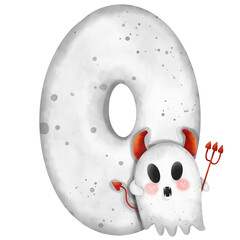 Watercolor painting of the number zero little ghost for Halloween.