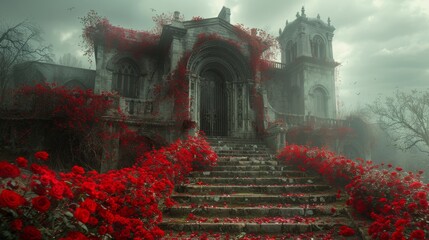 Mystical abandoned mansion surrounded by vibrant red roses on a foggy day - obrazy, fototapety, plakaty
