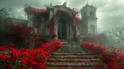 Poster Mystical abandoned mansion surrounded by vibrant red roses on a foggy day © Yusif