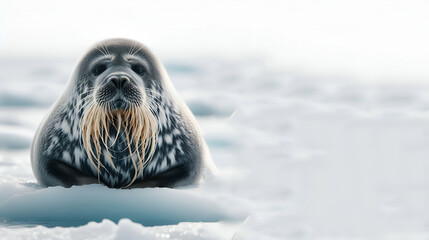 Solitary Weddell seal resting on an ice floe gazing curiously at the camera, generative ai - obrazy, fototapety, plakaty