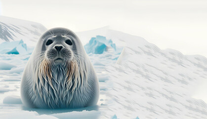 Solitary Weddell seal resting on an ice floe gazing curiously at the camera, generative ai - obrazy, fototapety, plakaty