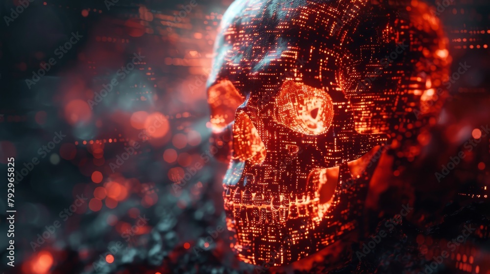 Poster An illustration of a skull with programming scripts as a background.