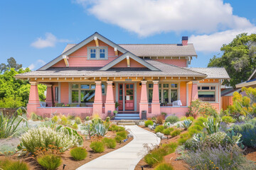 Fototapeta na wymiar The elegant frontage of a light coral craftsman cottage style house, with a triple pitched roof, featuring drought-resistant landscaping and a minimalist pathway, showcasing eco-conscious design.