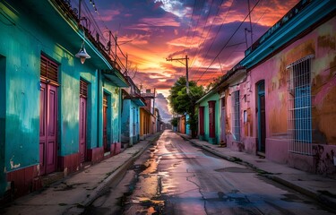 Naklejka na ściany i meble Vibrant sunset over a colorful quiet street