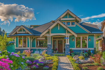 The elegant frontage of a vibrant cerulean craftsman cottage style house, featuring a triple pitched roof, tastefully designed landscaping, a welcoming path,  - obrazy, fototapety, plakaty