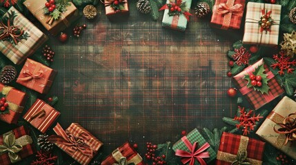 the essence of Christmas morning with a border of festively wrapped presents against a cozy plaid background.