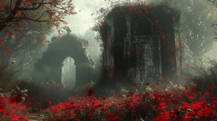 Enchanted garden with ancient ruins and vivid red flowers engulfing stone columns - obrazy, fototapety, plakaty